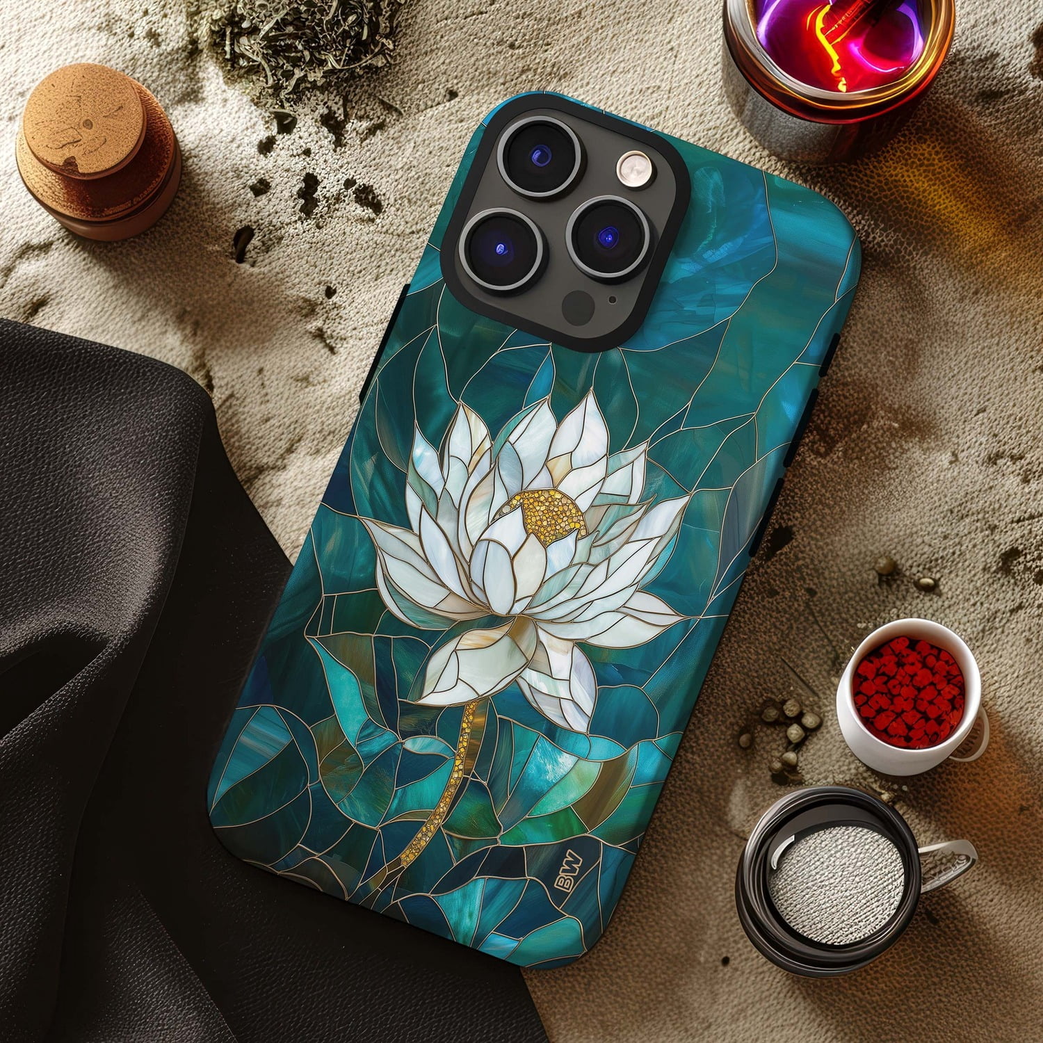White Lotus and Teal Geometric Tough Phone Case, Polycarbonate and TPU ...