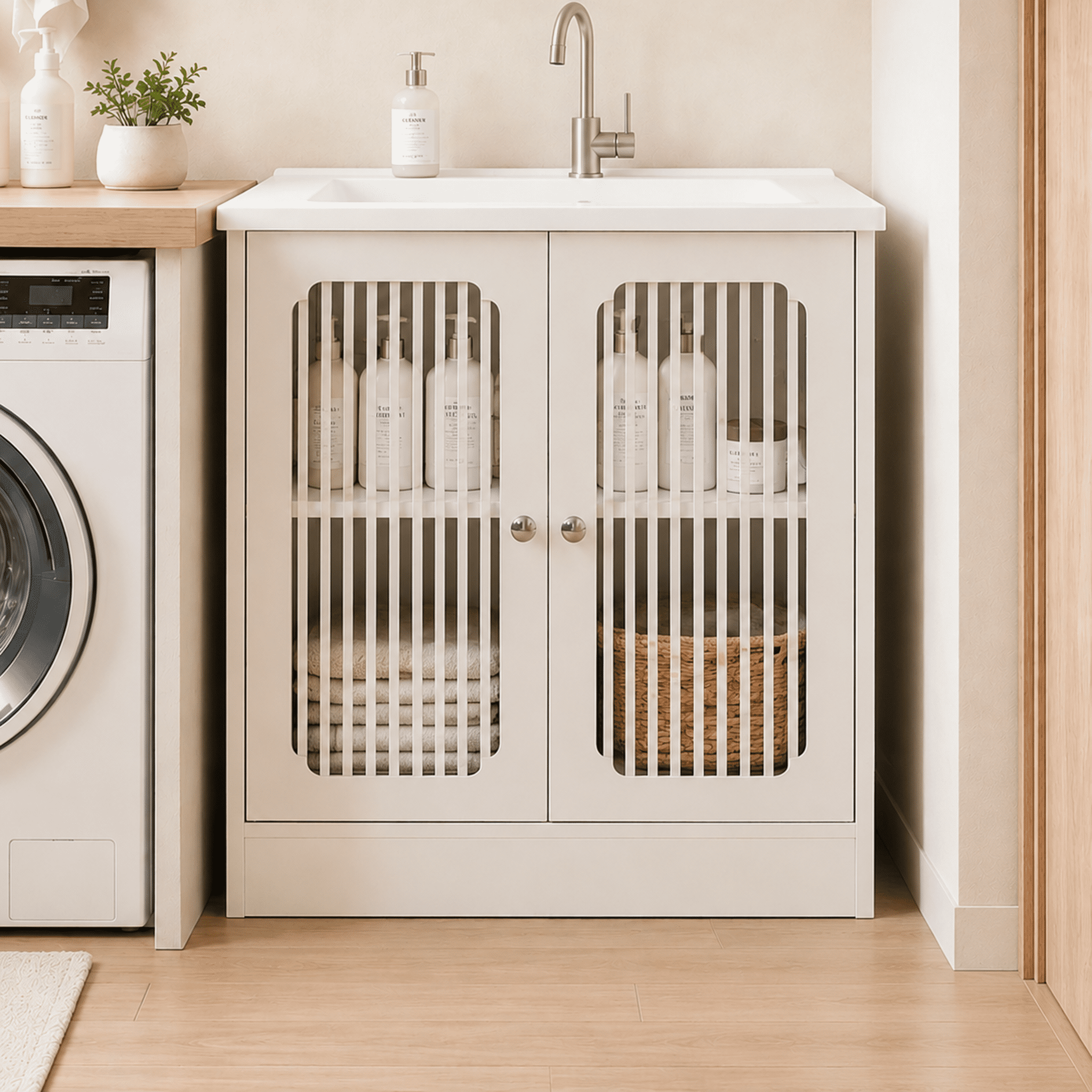 White Louvered Double Door Freestanding Bathroom Vanity Cabinet (Sink Not Included), Moisture Resistant MDF Storage Cabinet with Adjustable Internal Shelf