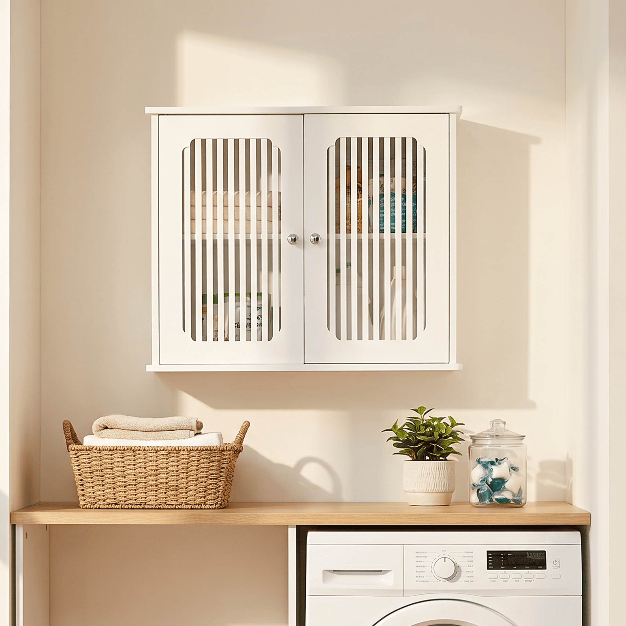White Louvered Double Door Wall Mounted Bathroom Storage Cabinet, MDF Medicine Cabinet, Ventilated Vertical Organizer for Bathroom Balcony Entryway Home Storage