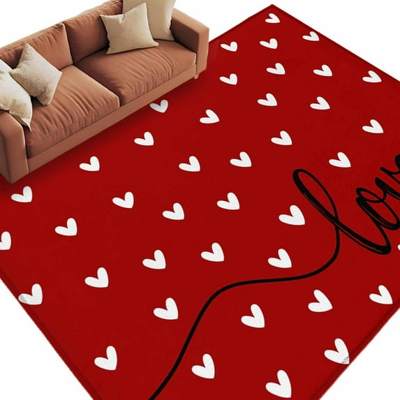 White Love Area Rug 5x7ft Heart Valentines Red Non-Slip Washable Square Rugs Soft Felt Indoor Floor Mat for Bedroom Kitchen Living Room Bathroom
