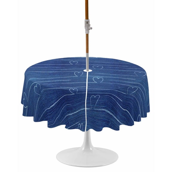 White Love Heart Round Outdoor Tablecloth, Waterproof Table Cloth Cover with Umbrella Hole and Zipper, Vintage Denim Background Table Protector for Patio Party Picnic 54" Round