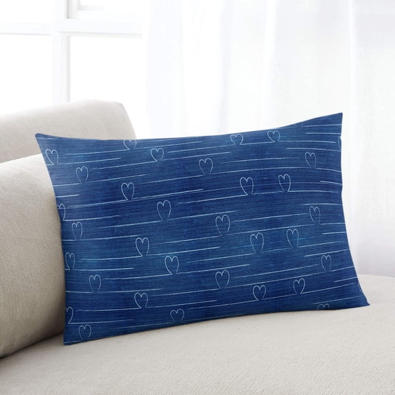 White Love Heart Throw Pillow Cover, Pillowcase Protectors with Zipper, Breathable Decorative Lumbar Pillow Case Cover, Vintage Denim Background Pillow Shams for Couch Sofa 16x24Inch