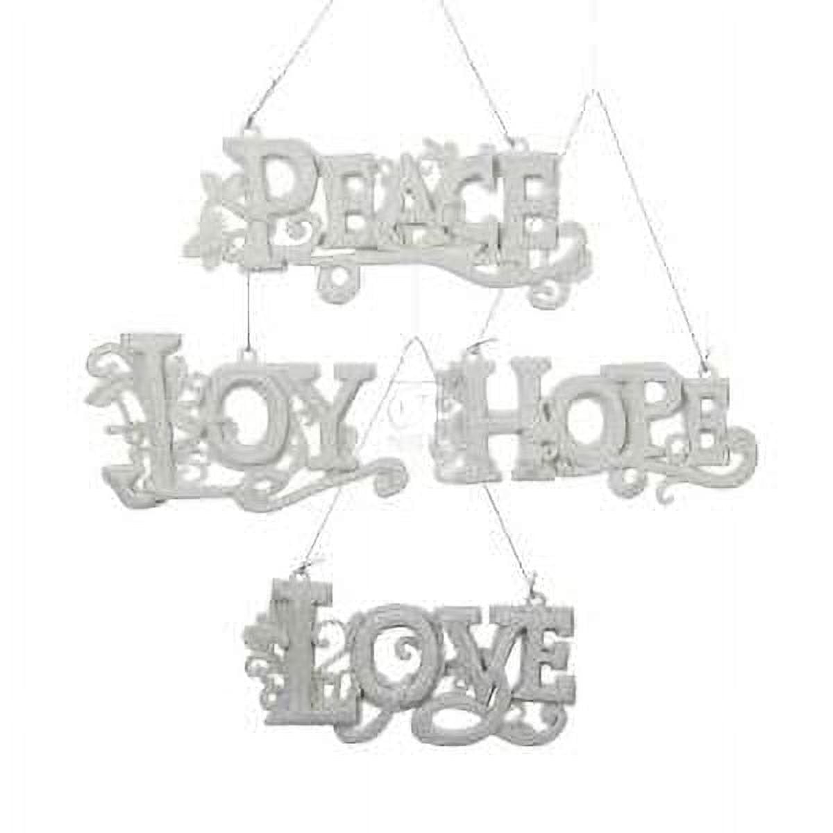 White Glitter Peace, Joy, Hope, Love Word Ornaments Set