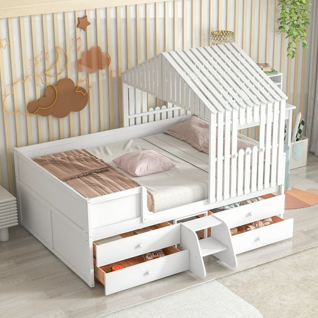 White Low Loft Bed Full Size, Solid Wood House Bed Frame with 4 Drawers, Roof and Guardrails, for Kids/Teens Bedroom, No Box Spring Needed, L0121
