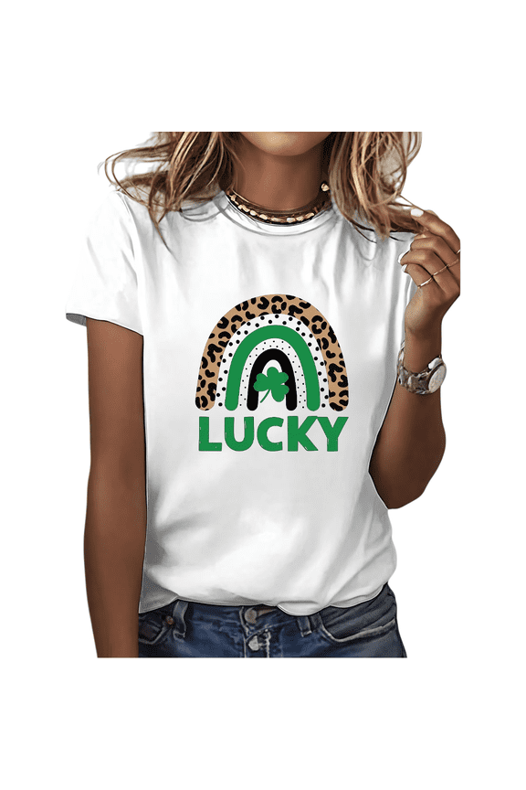 White Lucky Print Tshirt Graphic Tees Shirts St Patricks Day Rainbow Clover Leopard Pattern Casual Fashion Comfortable Tops S-5XL