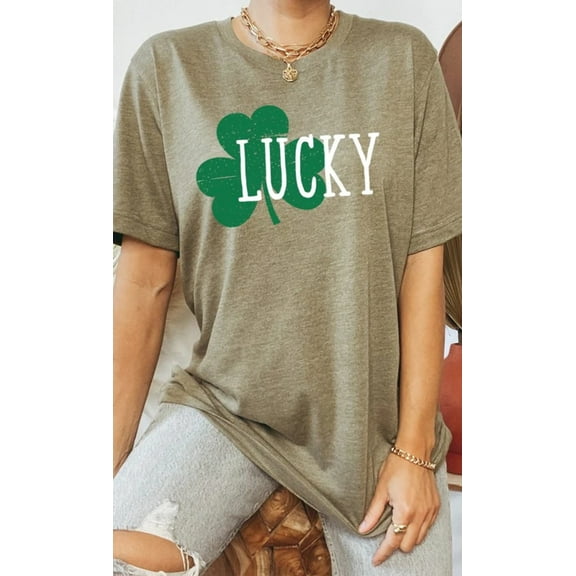 White Lucky with Green Shamrock Graphic Tee T-Shirt
