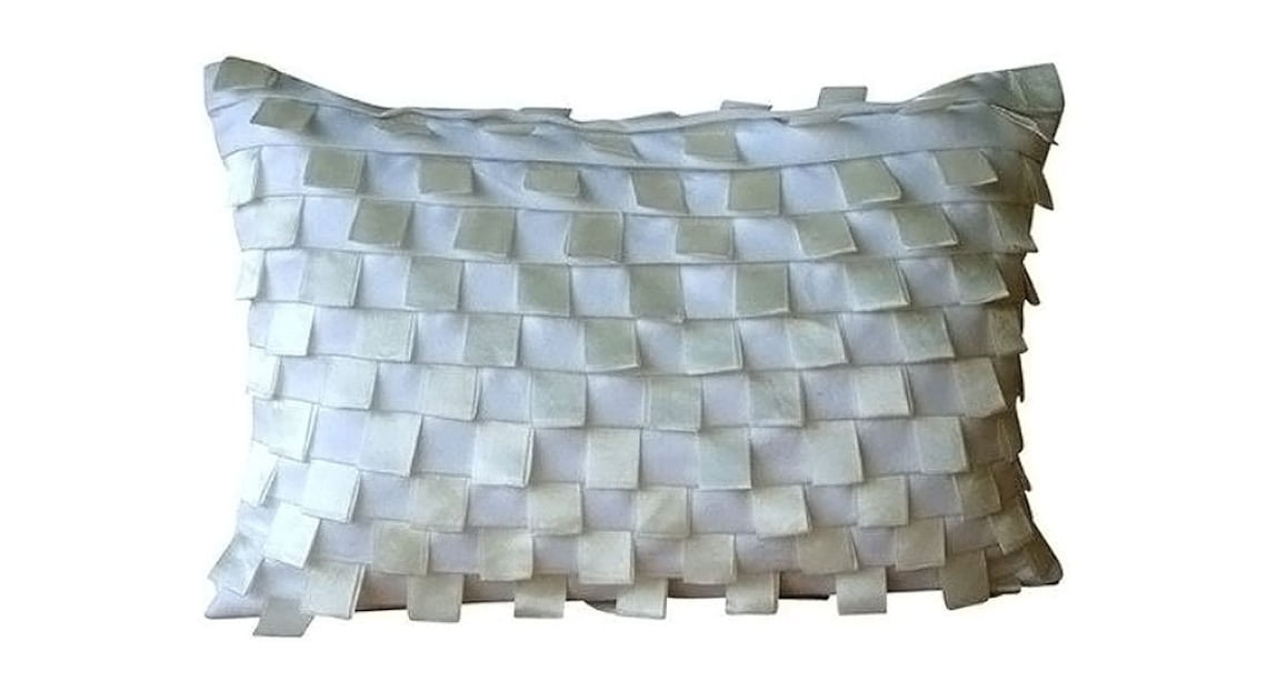 White Lumbar Pillow Cover, Pintucks and Ribbon Loops Lumbar Pillow Cover, 12x18 inch (30x45 cm