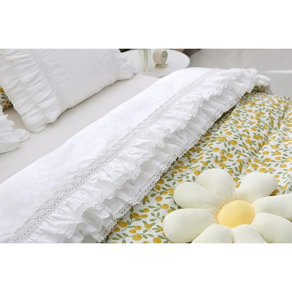 White Luxury Elegant Lace Bed Flat Sheet with Ruffles Bed Top Sheet King or California King Size 100% Cotton 1 Piece