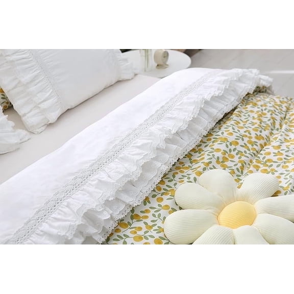 White Luxury Elegant Lace Bed Flat Sheet with Ruffles Bed Top Sheet Queen Size 100% Cotton 1 Piece