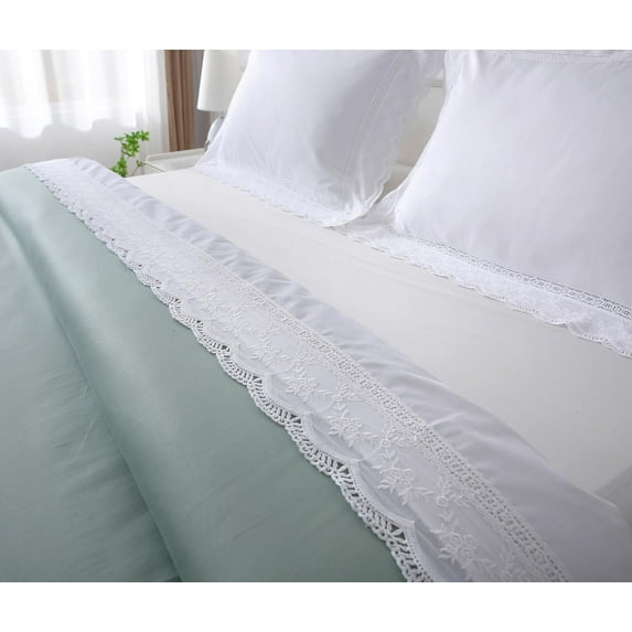 White Luxury Eyelet Lace Bed Flat Sheet Queen Size Bed Linen 1 Piece