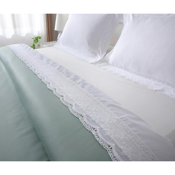 White Luxury Eyelet Lace Bed Flat Sheet Queen Size Bed Linen 1 Piece