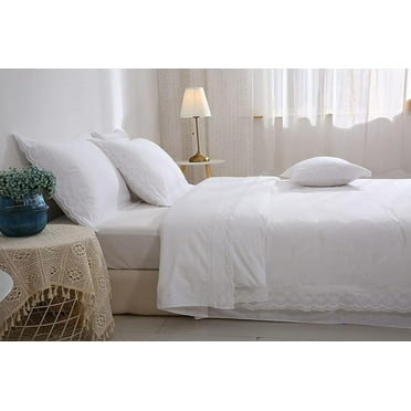 White Luxury Eyelet Lace Bed Flat Sheet Queen Size Bed Linen 1 Piece