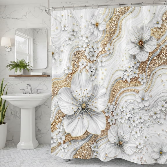 White Luxury Light Floral Shower Curtain, Elegant Boho Bathroom Decor, Cherry Blossom with Gold Glitter Marble Texture, Waterproof Washable Fabric Shower Curtain Set with Hooks,70X85in