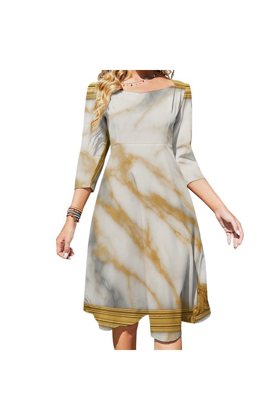 White Luxury Marble Texture Sweetheart Knot Flared Dress Fashion Design Large Size Loose Dress Spring Summer Women Dress