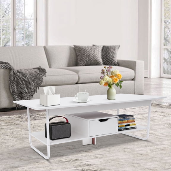 White MDF 120x60x42cm Coffee Table with Storage Drawer Simple Square Coffee Table in Living Room