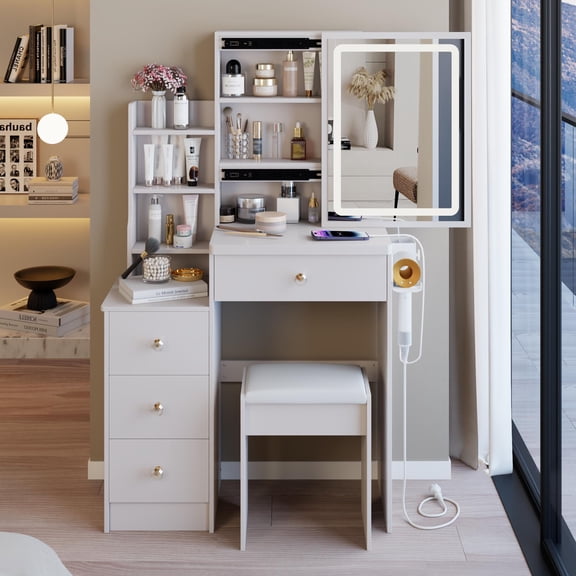 White MDF 29.2 Vanity Table Set with LED Mirror Power Station & Stool