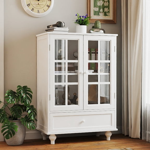 White MDF Buffet Cabinet with Double Glass Doors / Easy to Assemble in 1 - 2 Hours