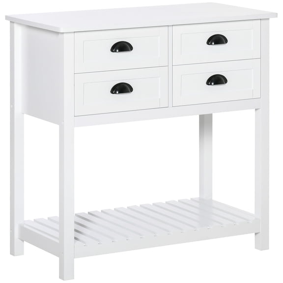 White MDF Buffet Table with 4 Drawers for Utensils and Ample Shelf Space