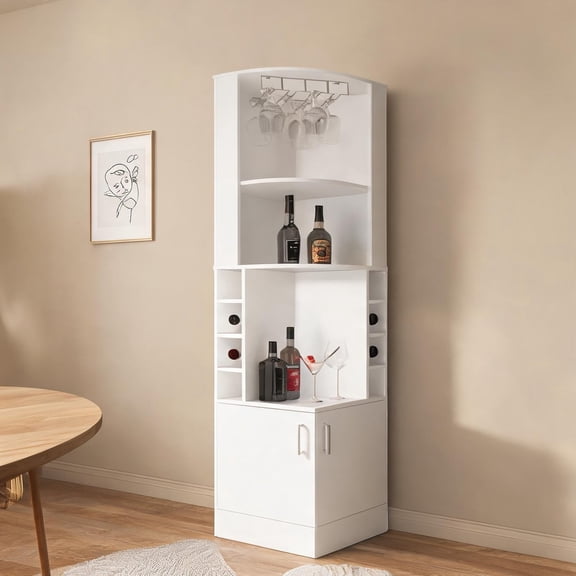 White MDF Corner Bar Cabinet with Glass Rack and Wine Storage, Modern Space-Saving Design, 18.5 x 18.5 x 71.1 Inches