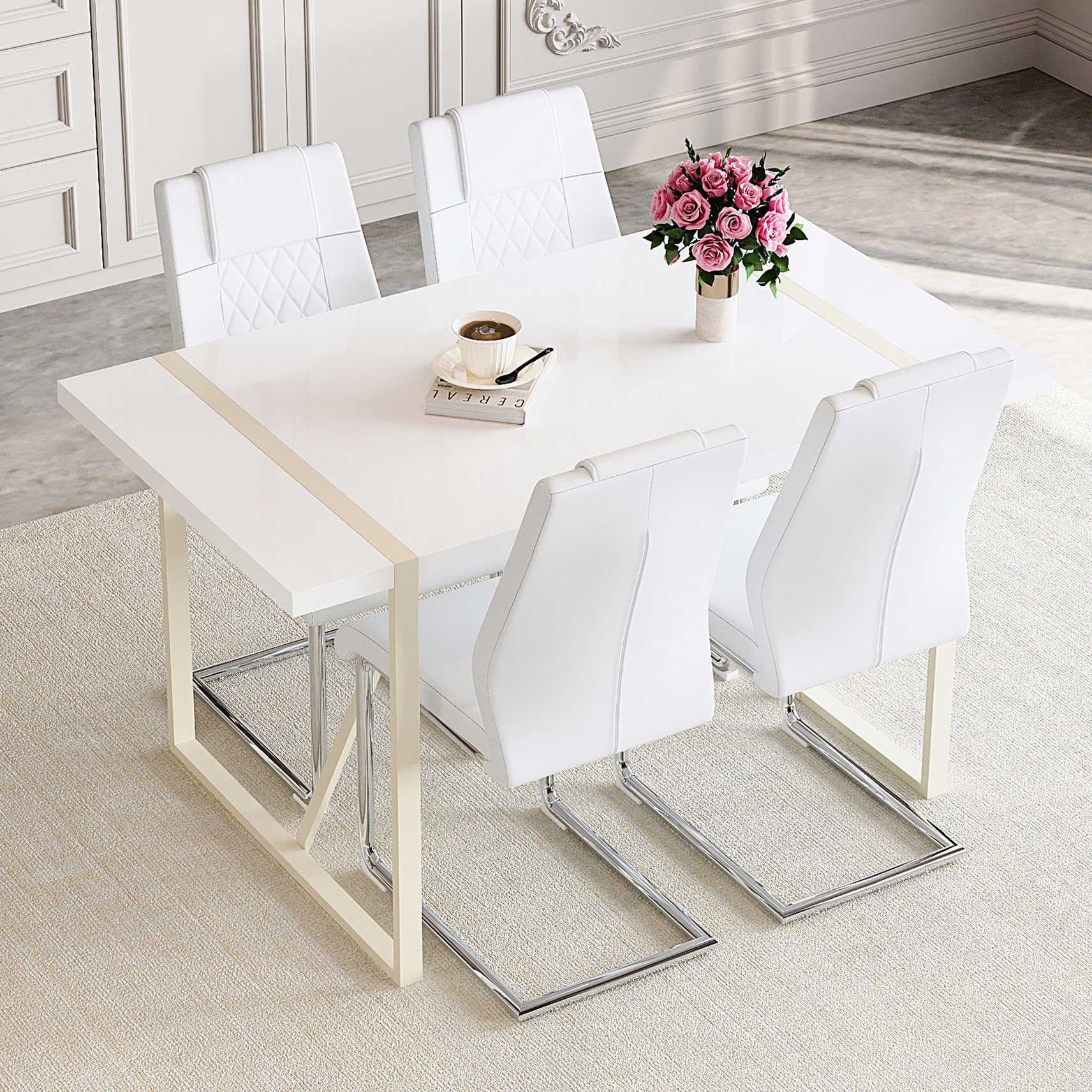 White MDF Dining Table and 4 Chairs with Silver Metal Legs | Simple ...