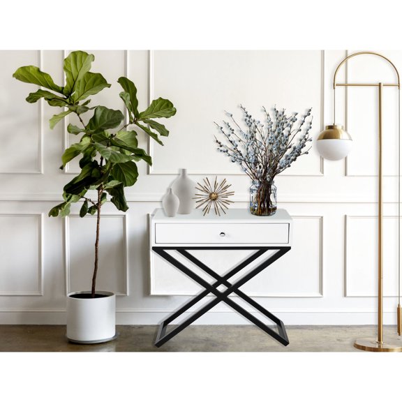 White MDF Material - Metal Cross Base Design - Living Room Side Use - Sturdy and Stylish Table