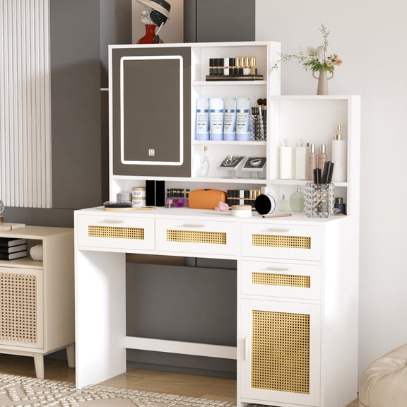 White MDF Material, Sliding Door Design | Suitable for Various Makeup Needs in Bedroom | Keep Makeup Area Tidy and Enjoy Easy Assembly