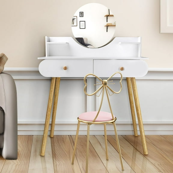 White MDF Modern Makeup Dresser with Attached Mirror (Stool Not Included)