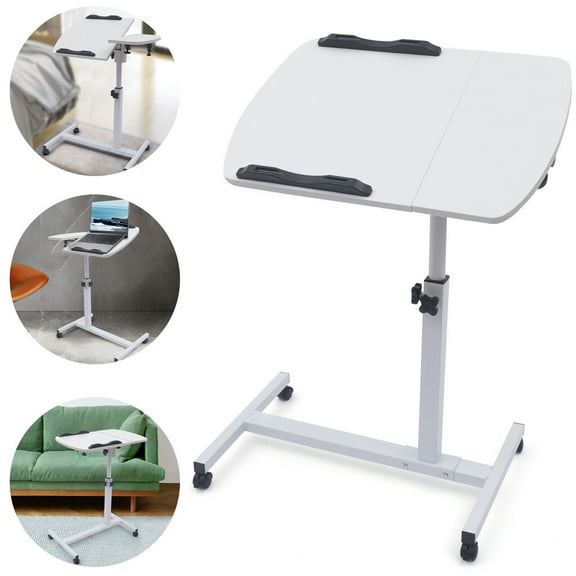 White MDF Rolling Laptop Desk Adjustable Height Mobile Laptop Stand Computer Desk Stand with Wheels for Home Office Classroom Hospital White