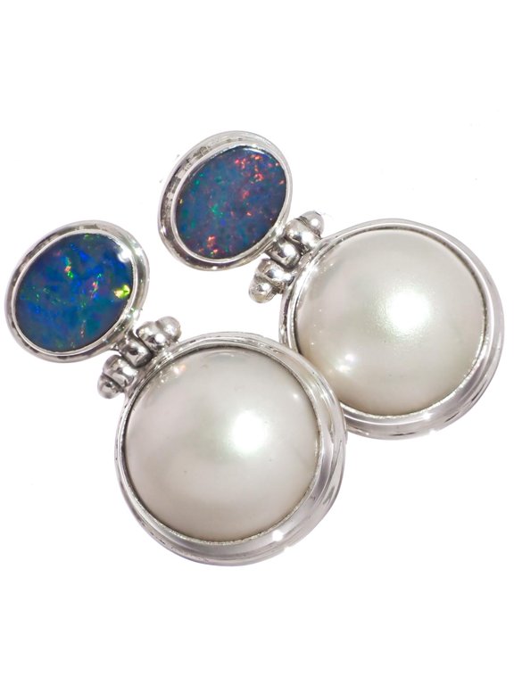 White Mabe Cultured Pearl Natural Opal Doublet 925 Sterling Silver Post Earrings, 1"