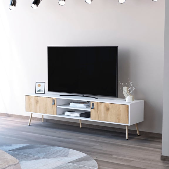 White Macadamia TV Rack with Cable Management / Keep Media Essentials Tidy in Living Area