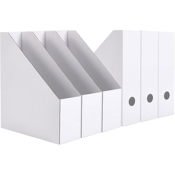White Magazine File Holders 6-Pack Cardboard Racks with Labels, Foldable 10"x3.3"x12"