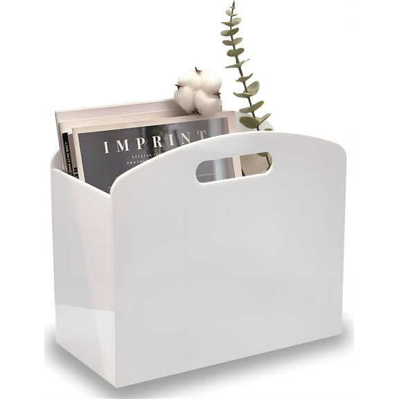 White Magazine Holder - Acrylic Magazine Rack Floor, Newspaper Stand with handles, Modern Lucite Magazine and Book Basket Box for Bathroom, Bedroom, Living Room