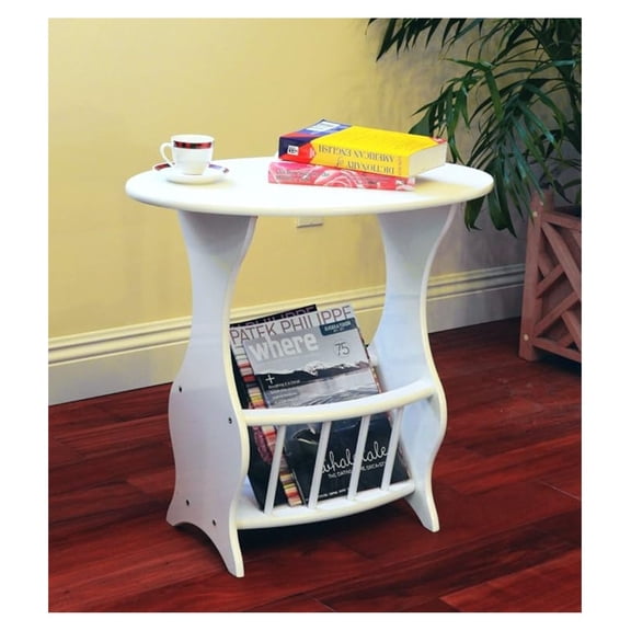 White Magazine Table with Holder – End Side Table – Living Room Coffee Table – Wood Contemporary Oval Design – Home Office Den Decor – 23.5 x 15.1 x 21.9 inches