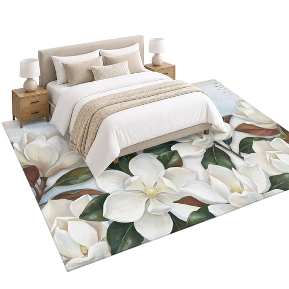 White Magnolia Area Rug 6'x9', Watercolor Flower Floral Plants Leaf ...