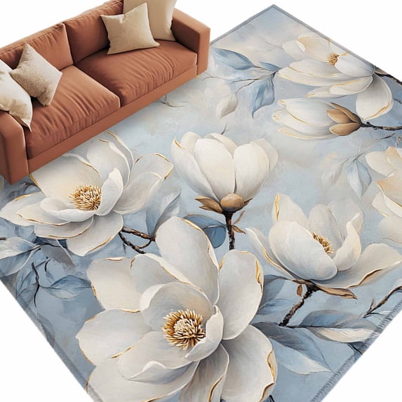 White Magnolia Area Rug 6x9ft Farmhouse Flowers Non-Slip Washable Square Rugs Soft Felt Indoor Floor Mat for Bedroom Kitchen Living Room Bathroom