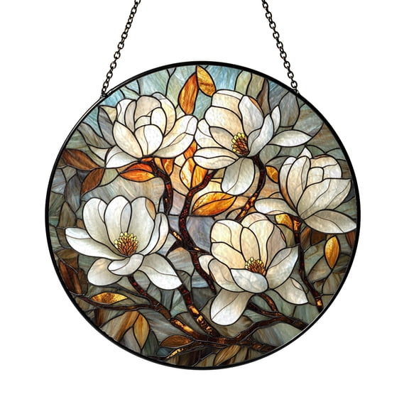 White Magnolia Bloom Glass Panel Decor, Stained Glass Style Window Art