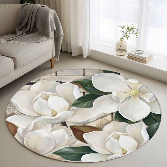 White Magnolia Blossom Round Area Rug 3.3Ft Washable Circle Rugs for Dining Room Table, Spring Floral Flowers Farmhouse Non-Slip Carpet Floor Mats Indoor Outdoor Carpet Runner Aesthetic Home Decor