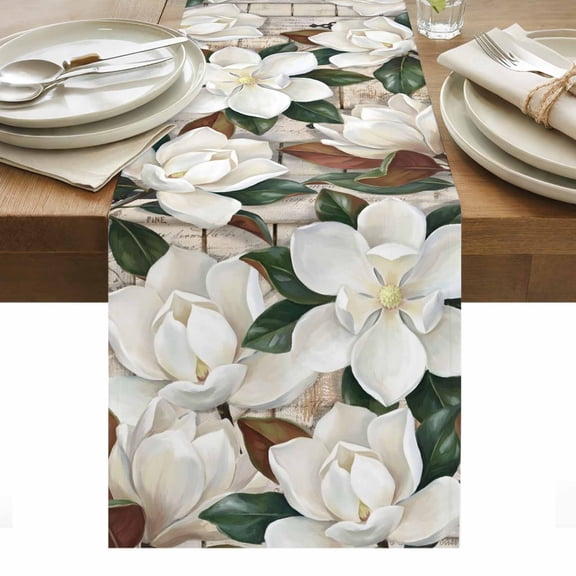 White Magnolia Blossom Table Runner Spring Floral Flowers Farmhouse Tablerunners 13 x 36 Inch, Table Decorations Tabletop Scarf for Summer Gathering Holiday Farmhouse Kitchen Dining Decor