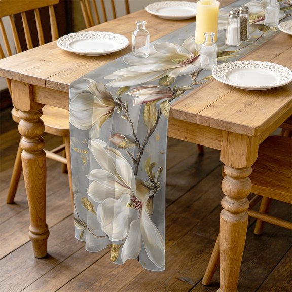 White Magnolia Floral 4.5ft Cheesecloth Table Runner for Wedding 19"x55", Golden Luxury Leaf Modern Gray Kitchen Dinner Sheer Tulle Chiffon Dresser Scarf, Holiday Party Decorations