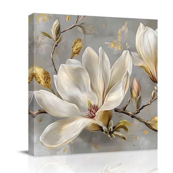 White Magnolia Floral Canvas Wall Art for Living Room, Golden Luxury Leaf Modern Gray Wall Decor Framed Artwork Pictures Ready to Hang for Bedroom Office Home Decor