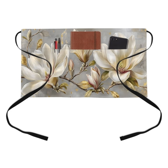 White Magnolia Floral Kitchen Restaurant Half Waist Apron, Golden Luxury Leaf Modern Gray Server Short Apron with 3 Pockets Waterproof Oil Waist Aprons for Women Waitress Waiter