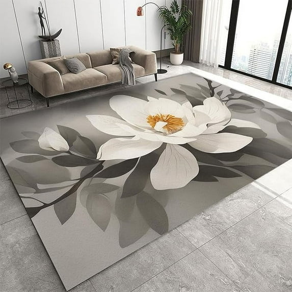 White Magnolia Flower Area Rug, European Style Watercolor Magnolia Indoor Rugs, With Anti-Slip Backing Washable Indoor Carpet For Living Room Bedroom Study Dining Room 4 x 5ft