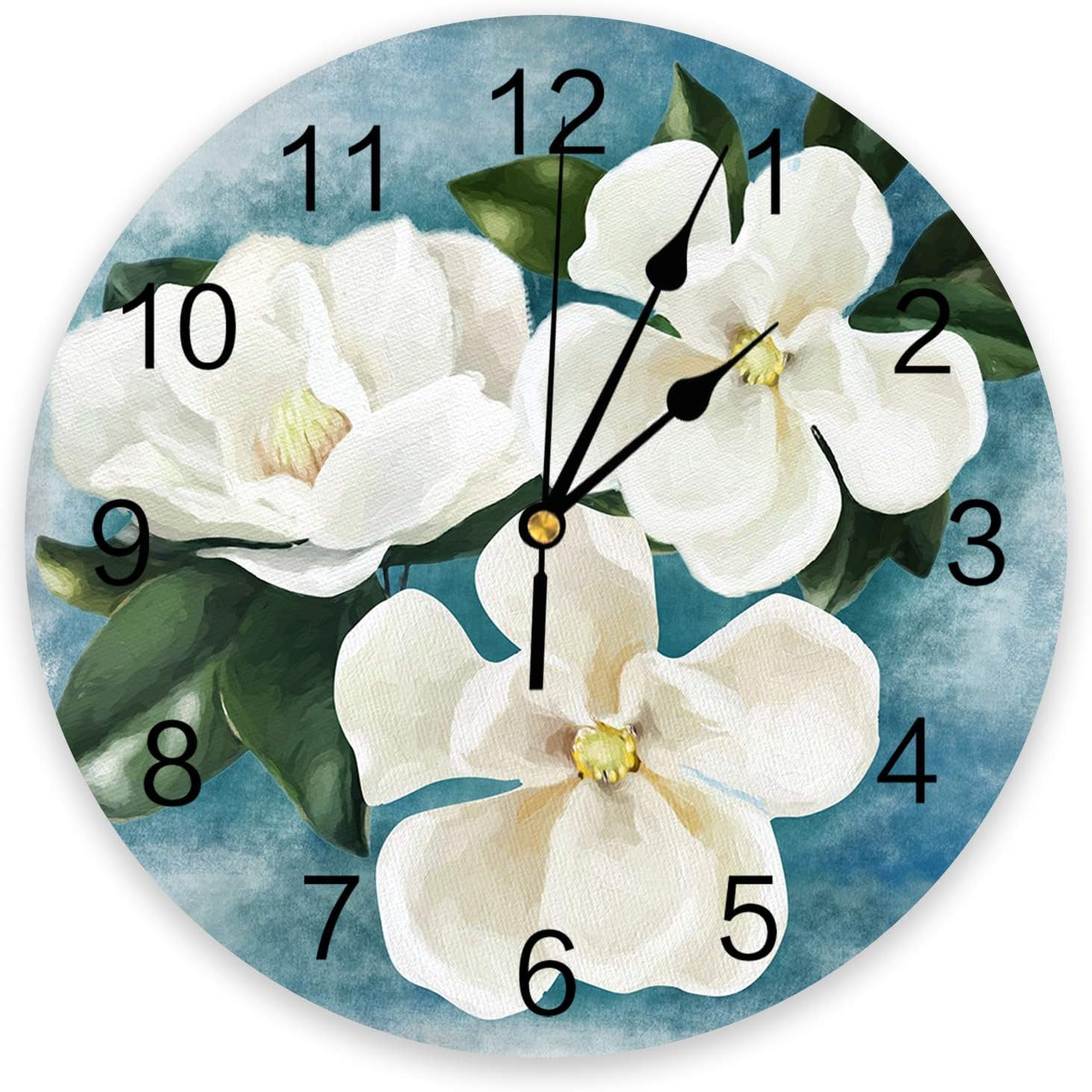 White Magnolia Flower PVC Wall Clock Silent NonTicking Battery