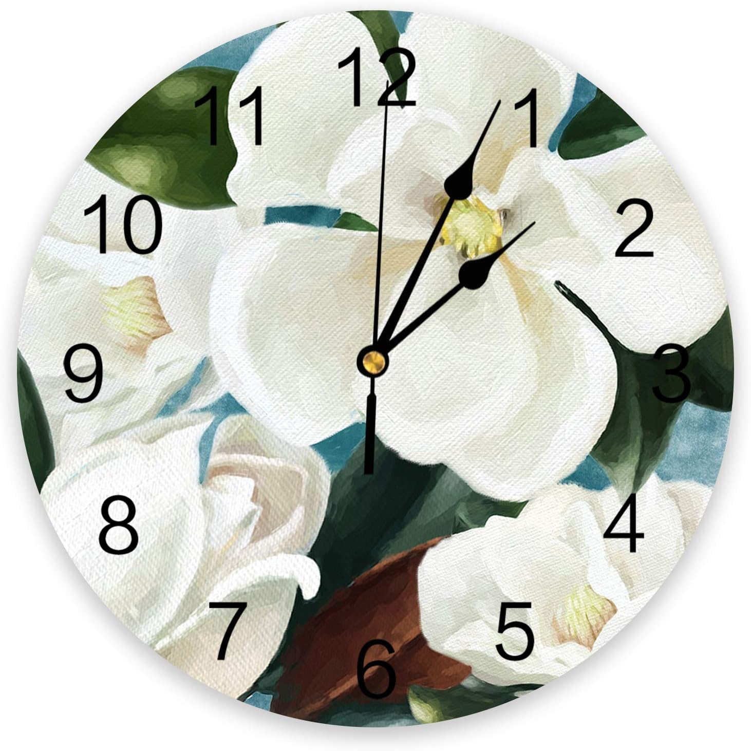 White Magnolia Flower PVC Wall Clock Silent NonTicking Battery