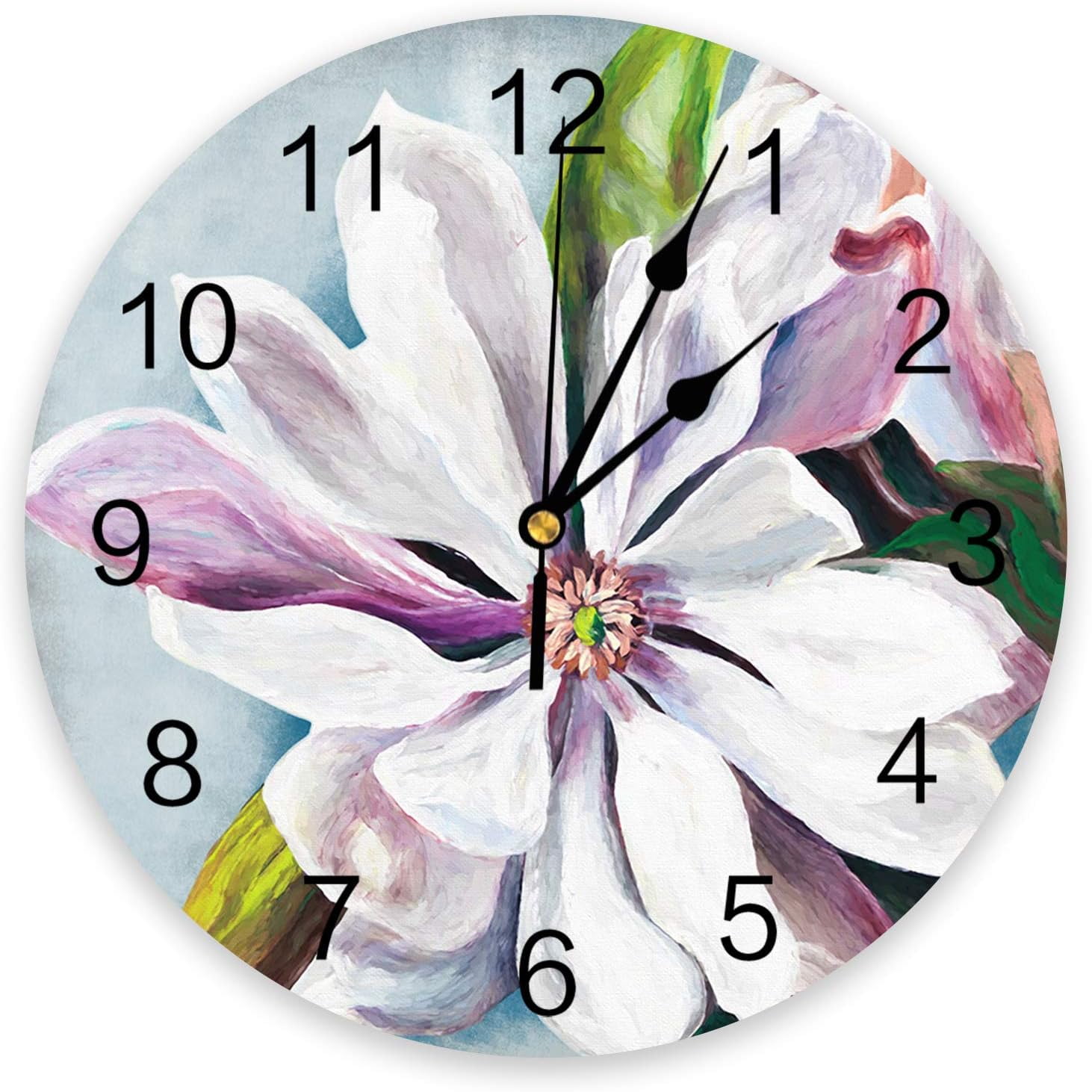 White Magnolia Flower PVC Wall Clock Silent NonTicking Battery