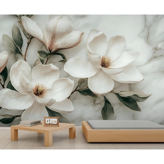 White Magnolia Flower Wall Mural, Vintage Floral Art Mural Wallpaper, Abstract Gray And White Marble Texture Large Wallpaper For Bedroom Living Room Wall Decor 118"W x 83"H (Not Peel and Stick)