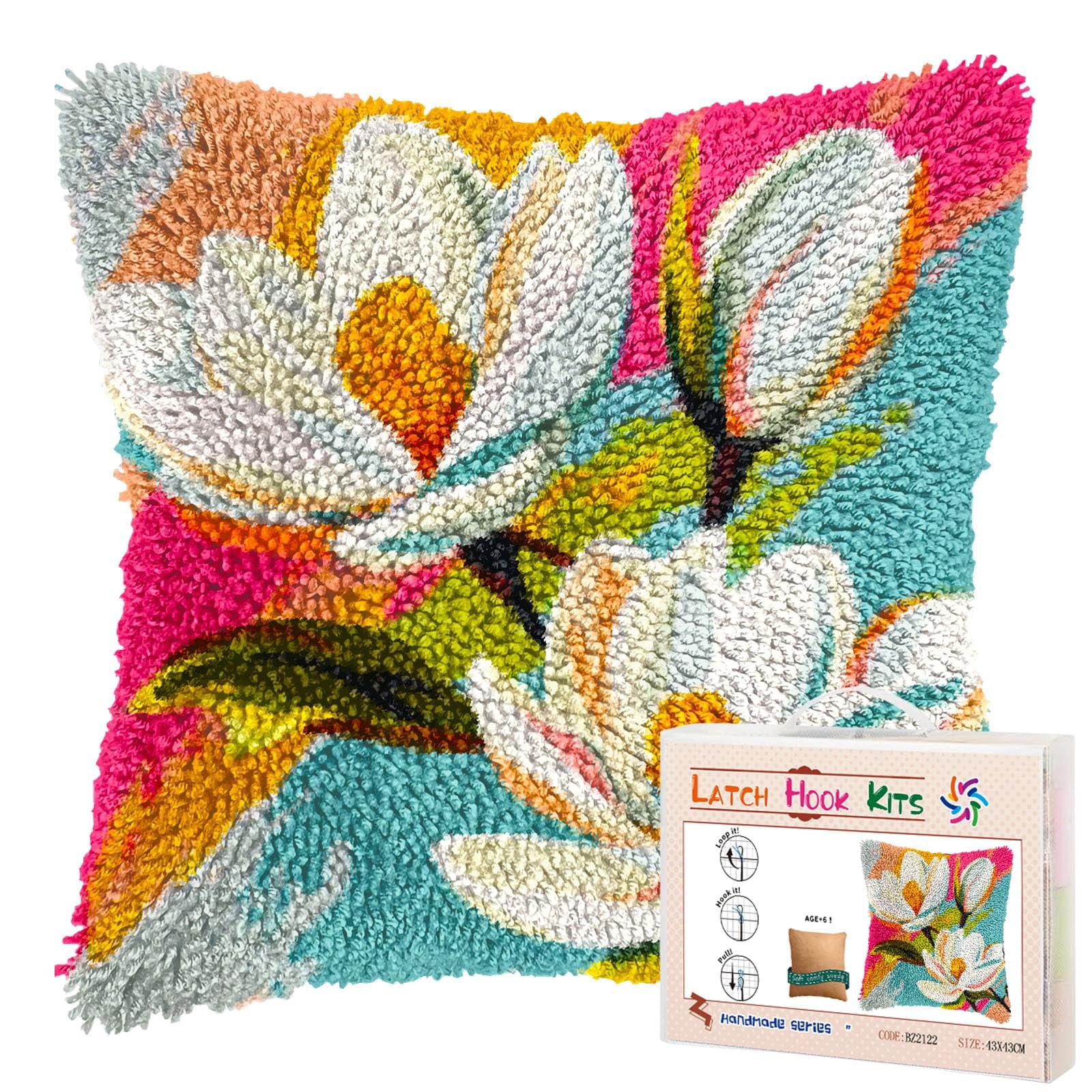 White Magnolia Flowers DIY Latch Hook Pillow Kits for Adults Printed Pillowcase Crochet Yarns Hooking Handmade Pillow Cover Cushion for Home Sofa Decoration 17x17inch(1)