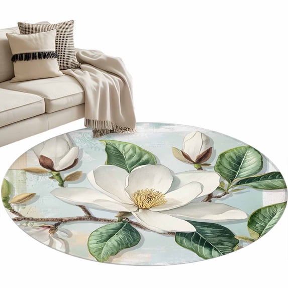 White Magnolia Flowers Round Area Rug 4ft Retro Floral Non-Slip Washable Circle Rugs Soft Felt Indoor Floor Mat for Bedroom Kitchen Living Room Bathroom