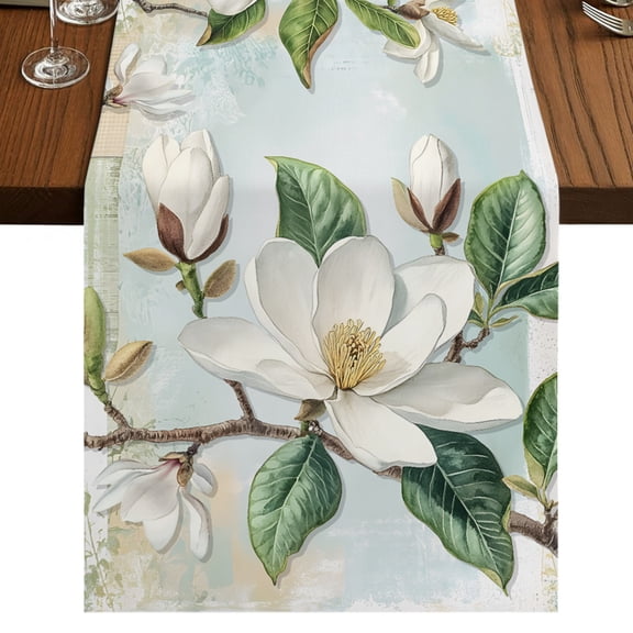White Magnolia Flowers Table Runner 48 Inches Long, Retro Floral Cotton Linen Dining Table Runner Dresser Scarves for Home Kitchen Party Decor 13"x48"