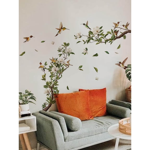 White Magnolia Flowers Wall Sticker Flower and bird wall stickers Transparent decal Peel and Stick, Vinyl Tree Branch Wall Decal, Wall Decor Art Home Decoration for Living Room Bedroom